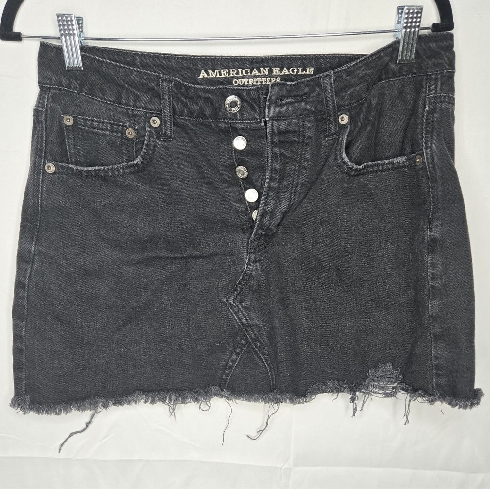 Size 8 American Eagle Black Charcoal Denim Mini Skirt Distressd Grunge High Rise
